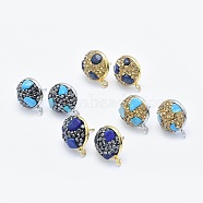 Natural Gemstone Stud Earring Findings, with Loop, Polymer Clay Rhinestone and Brass Findings, Flat Round, Mixed Color, 16.5~17x13.5mm, Hole: 2mm, Pin: 0.7mm(RB-L031-19)
