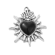 Alloy Enamel Pendants, Antique Silver, Sacred Heart Charm, Black, 26x24x4mm, Hole: 1.5mm(PALLOY-O002-14B-AS)