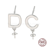 Rhodium Plated 925 Sterling Silver Stud Earring Findings, Initial Letter D & C Asymmetrical Earrings Findings for Half Drilled Beads, with S925 Stamp, Real Platinum Plated, 14.5~15x7mm, Pin: 10.5x0.7mm and 0.7mm(STER-Q192-18P)