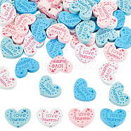 40Pcs 4 Colors Mother's Day Theme Printed Wood Beads, Heart with Word I Love Mummy, Mixed Color, 21.5~23x30x7.5~8mm, Hole: 2.7mm, 10pcs/color(WOOD-OC0002-56)