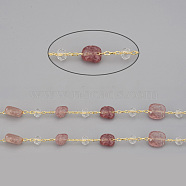 3.28 Feet Handmade Natural Strawberry Quartz Beaded Chains, with Rondelle Glass Beads and Golden Brass Cable Chains, Long-Lasting Plated, Unwelded, Nuggets, Link: 2x1.5x0.3mm, Gemstone Beads: 6~12x6~6.5x4~4.5mm, Glass Beads: 4x3mm(X-CHC-I031-11D)