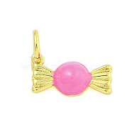 Rack Plating Brass Enamel Pendants, with Jump Ring, Cadmium Free & Lead Free, Long-Lasting Plated, Real 18K Gold Plated, Candy Charm, Pearl Pink, 5.5x12x3mm, Hole: 3mm(KK-U021-04E-G)