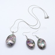 Abalone Shell/Paua Shell Jewelry Sets, Teardrop Earrings and Pendant Necklaces, with Platinum Plated Brass Ear Hook and Lobster Claw Clasps, 17.3 inches; 50mm, pin: 0.8mm(SJEW-E032-02)