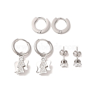 3 Pairs 3 Styles 304 Stainless Steel Hoop & Studs Earrings Set for Women, with Clay Rhinestone & Cubic Zirconia, Angle Dangle Earrings, Stainless Steel Color, 13~27x2~11.5mm, 1 pair/style(EJEW-K279-13P)