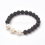 Natural Lava Rock Beads Stretch Bracelets, with Pearl Beads, 2-1/8 inch(5.5cm)(BJEW-JB03880-01)