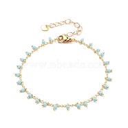 Glass Charm Bracelets, with Brass Curb Chains, 304 Stainless Steel Heart Charms & Lobster Claw Clasps, Real 18K Gold Plated, Sky Blue, 7-1/2 inch(19cm)(BJEW-JB05600-01)