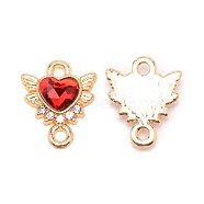 Zinc Alloy Links Connectors, with Rhinestone, Heart with Wing, Light Gold, Light Siam, 14x12x2.5mm, Hole: 1.6mm(PALLOY-TAC0026-02E)