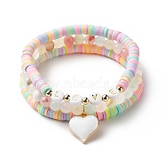 3Pcs 3 Style Natural Colorful Green Jade & Acrylic Word Love Beaded Stretch Bracelets Set with Alloy Enamel Heart Charms, Polymer Clay Heishi Surfer Preppy Bracelets for Women, Inner Diameter: 2-1/8~2-1/4 inch(5.3~5.7cm), 1Pc/style(BJEW-JB08924-01)