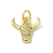 Real 18K Gold Plated Brass Pave Clear Cubic Zirconia Pendants, with Jump Rings, Cattle, 11x12x2.5mm, Hole: 3mm(KK-M283-06A-01)