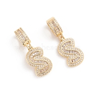 Brass Micro Pave Cubic Zirconia Pendants, Long-Lasting Plated, Letter, Clear, Letter.S, 34mm, Hole: 6.5x9mm, Letter.S: 20.5x12.2x3.5mm(ZIRC-G165-13G-S)