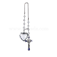 Glass Hanging Ornament, with Alloy Enamel Cross, for Car Rear View Mirror Decoration, Clear, 467mm, heart: 43.5x45.5x24.5mm, cross: 76.8x44.5x10mm(AUTO-PW0001-37)