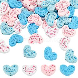 Olycraft 40Pcs 4 Colors Mother's Day Theme Printed Wood Beads, Heart with Word I Love Mummy, Mixed Color, 21.5~23x30x7.5~8mm, Hole: 2.7mm, 10pcs/color(WOOD-OC0002-56)
