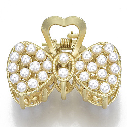 (Holiday Stock-Up Sale)Alloy Claw Hair Clips, with ABS Plastic Imitation Pearl, Long-Lasting Plated, Textured, Bowknot with Heart, Matte Gold Color, White, 30x44x30mm(PHAR-N004-002)