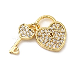 Brass Micro Pave Cubic Zirconia Pendants, Long-Lasting Plated, Cadmium Free & Lead Free, Key, Golden, 14x11x2mm, Hole: 5x4mm(KK-C072-27A-G)