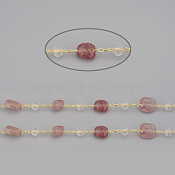 3.28 Feet Handmade Natural Strawberry Quartz Beaded Chains, with Rondelle Glass Beads and Golden Brass Cable Chains, Long-Lasting Plated, Unwelded, Nuggets, Link: 2x1.5x0.3mm, Gemstone Beads: 6~12x6~6.5x4~4.5mm, Glass Beads: 4x3mm(X-CHC-I031-11D)