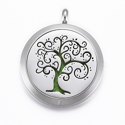 316 Surgical Stainless Steel Diffuser Locket Pendants, with Perfume Pad and Magnetic Clasps, Flat Round with Tree of Life, Stainless Steel Color, Lime Green, 37x30x6.5mm, Hole: 5mm, inner diameter: 23mm(STAS-H404-14C)