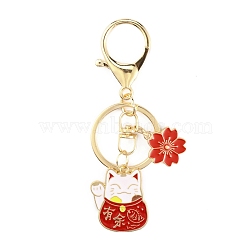 Chinese Style Alloy Enamel Keychains, with Iron Lobster Clasp and Rings, Cat with Flower, Red, 9.15cm(KEYC-WH0027-43A)