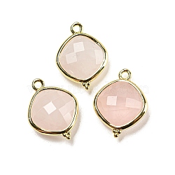 Natural Rose Quartz Pendants, Rack Plating Golden Plated Brass Faceted Rhombus Charms, 19x14.5x5.5mm, Hole: 1.6mm(G-M431-12G-02)