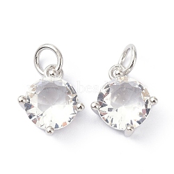 Brass Cubic Zirconia Charms, with Jump Ring, Long-Lasting Plated, Lead Free & Cadmium Free, Round, Real Platinum Plated, 11.5x10x5.5mm(ZIRC-C022-05P)