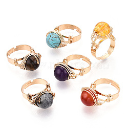 Natural Howlite & Citrine & Tiger Eye & Natural Carnelian & Amethyst & Lapis Lazuli Round Finger Rings, Brass Wire Wrapped Adjustable Ring for Women, Light Gold, 13~14mm, US Size 7 1/4(17.5mm)(RJEW-T019-01-KC-1)