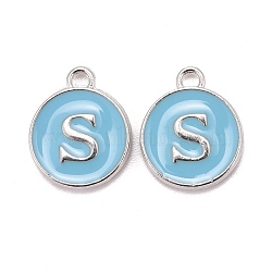 Platinum Plated Alloy Enamel Charms, Cadmium Free & Lead Free, Enamelled Sequins, Flat Round with Letter, Letter.S, 14x12x2mm, Hole: 1.5mm(X-ENAM-S118-04S-P)