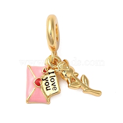 Rack Plating Brass Pink Enamel European Dangle Charms, Heart Envelope & Rose Large Hole Pendants, Cadmium Free & Lead Free, Long-Lasting Plated, Real 18K Gold Plated, 25mm, Hole: 4.5mm(KK-P279-42G)