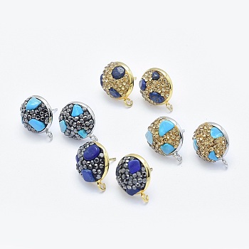 Natural Gemstone Stud Earring Findings, with Loop, Polymer Clay Rhinestone and Brass Findings, Flat Round, Mixed Color, 16.5~17x13.5mm, Hole: 2mm, Pin: 0.7mm