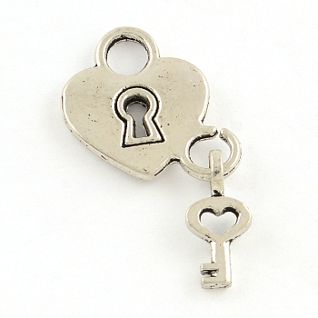 Tibetan Style Padlock and Key Alloy Pendants, Cadmium Free & Nickel Free & Lead Free, Antique Silver, 27x15.5x2mm, Hole: 4mm, about 746pcs/1000g