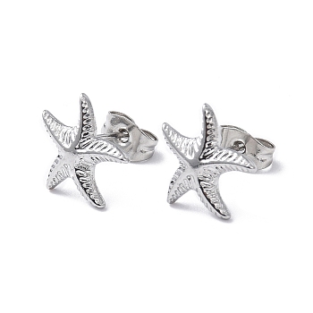 304 Stainless Steel Starfish Stud Earrings for Women, Stainless Steel Color, 12x11.5mm, Pin: 0.8mm