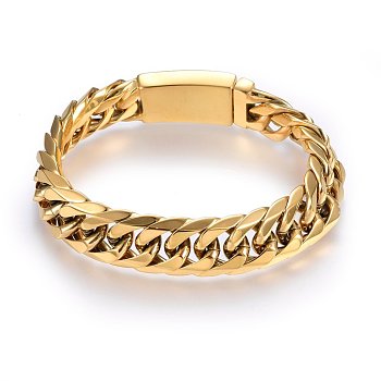 304 Stainless Steel Curb Chains Bracelets, with Box Clasps, Faceted, Golden, 9-1/2 inch(24cm), 16x5.5mm