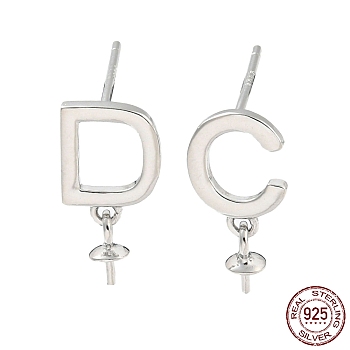 Rhodium Plated 925 Sterling Silver Stud Earring Findings, Initial Letter D & C Asymmetrical Earrings Findings for Half Drilled Beads, with S925 Stamp, Real Platinum Plated, 14.5~15x7mm, Pin: 10.5x0.7mm and 0.7mm