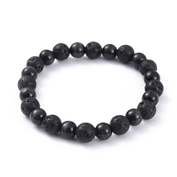 Natural Lava Rock Stretch Bracelets, with Cat Eye Round Beads, 2-3/8 inch(6cm)