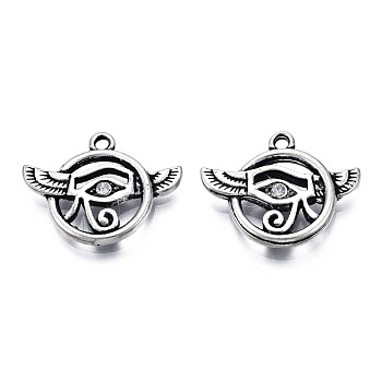 Tibetan Style Alloy Pendants, with Crystal Rhinestone, Cadmium Free & Lead Free, Flat Round with Wing & Eye of Horus, Antique Silver, 19x24x3mm, Hole: 1.8mm