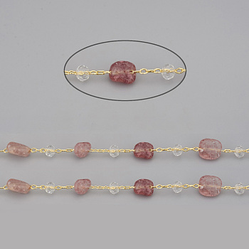 3.28 Feet Handmade Natural Strawberry Quartz Beaded Chains, with Rondelle Glass Beads and Golden Brass Cable Chains, Long-Lasting Plated, Unwelded, Nuggets, Link: 2x1.5x0.3mm, Gemstone Beads: 6~12x6~6.5x4~4.5mm, Glass Beads: 4x3mm