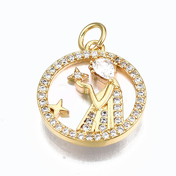 Brass Micro Pave Clear Cubic Zirconia Pendants, with Shell and Jump Rings, Cadmium Free & Nickel Free & Lead Free, Flat Round with Woman, Real 16K Gold Plated, 17.5x15.5x3mm, Jump Ring: 5x0.8mm, 3.4mm inner diameter