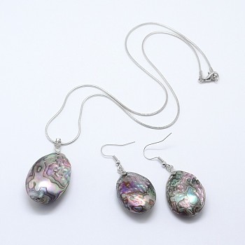 Abalone Shell/Paua Shell Jewelry Sets, Teardrop Earrings and Pendant Necklaces, with Platinum Plated Brass Ear Hook and Lobster Claw Clasps, 17.3 inch, 50mm, pin: 0.8mm