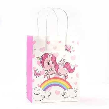 Rectangle Paper Bags, with Handles, Gift Bags, Shopping Bags, Unicorn Pattern, for Baby Shower Party, Pink, 27x21x11cm