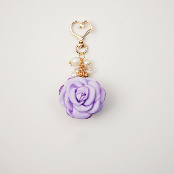 Satin Rose Pendant Decorations, with Heart Lobster Claw Clasps, Lavender, 105mm