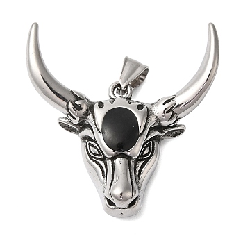 304 Stainless Steel Pendants, with Enamel, Ox-head, Black, Stainless Steel Color, 48x46x11mm, Hole: 9mm