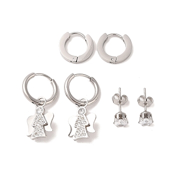 3 Pairs 3 Styles 304 Stainless Steel Hoop & Studs Earrings Set for Women, with Clay Rhinestone & Cubic Zirconia, Angle Dangle Earrings, Stainless Steel Color, 13~27x2~11.5mm, 1 pair/style