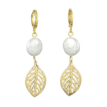 Natural Pearl Dangle Leverback Earrings, Brass Hollow Leaf Long Drop Earrings, Golden, 54x13mm