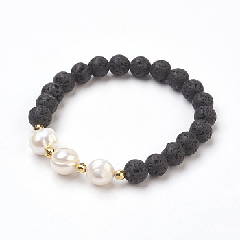 Natural Lava Rock Beads Stretch Bracelets, with Pearl Beads, 2-1/8 inch(5.5cm)