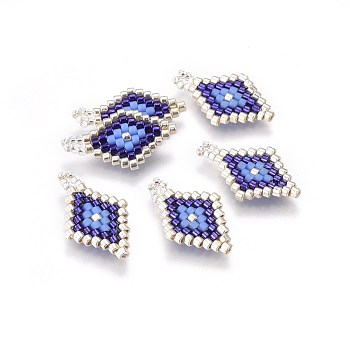 MIYUKI & TOHO Handmade Japanese Seed Beads Pendants, Loom Pattern, Rhombus, Dark Blue, 19~20x11.5~12x1.7mm, Hole: 1.8mm