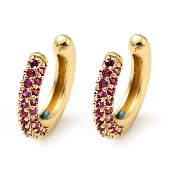 Cubic Zirconia C-Shaped Cuff Earrings, Gold Plated Brass Jewelry for Non-pierced Ears, Cadmium Free & Lead Free, Deep Pink, 14x15x3mm