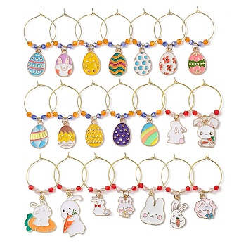Easter Rabbit & Egg Alloy Enamel Wine Glass Charms, with Glass Bead and Brass Wine Glass Charm Rings, Mixed Color, 52~66mm, 21pcs/set