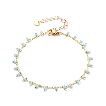 Glass Charm Bracelets, with Brass Curb Chains, 304 Stainless Steel Heart Charms & Lobster Claw Clasps, Real 18K Gold Plated, Sky Blue, 7-1/2 inch(19cm)