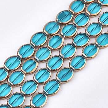 Electroplate Glass Beads Strands, Edge Plated, Oval, Deep Sky Blue, 17x14x4.5mm, Hole: 1.2mm, about 20pcs/strand, 12.9 inch