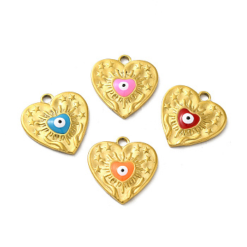 Ion Plating(IP) 304 Stainless Steel Pendants, with Evil Eye Enamel, Real 18K Gold Plated, Heart with Star Charm, Mixed Color, 17.5x17x2.5mm, Hole: 2mm
