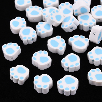 Handmade Polymer Clay Beads, Paw Print, Light Sky Blue, 8~11x9~11x4~5mm, Hole: 1.2~1.6mm