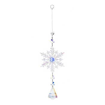 AB Color Glass Snowflake Pendant Decorations, Glass Charms and Iron Ring Suncatcher Window Hanging Ornament, Diamond, 305mm